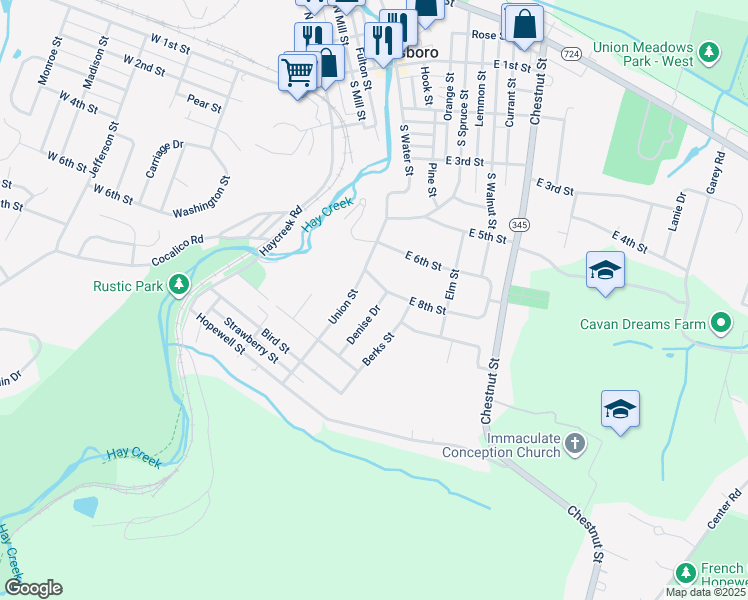 map of restaurants, bars, coffee shops, grocery stores, and more near 900 Denise Drive in Birdsboro