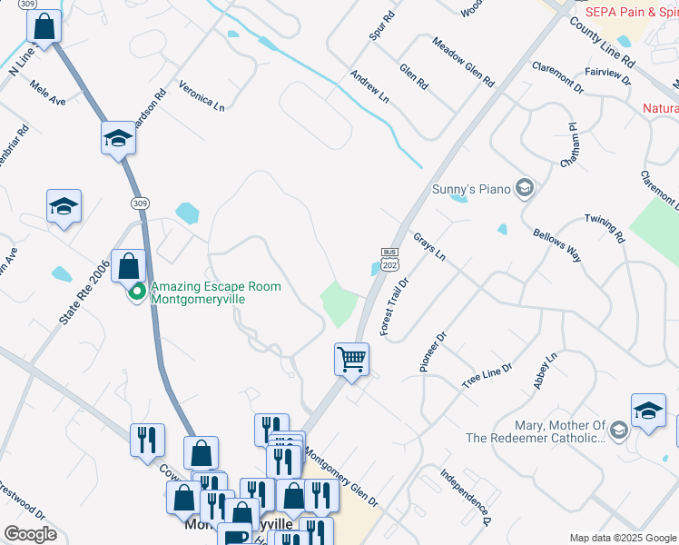 map of restaurants, bars, coffee shops, grocery stores, and more near 102 Country Club Drive in Lansdale