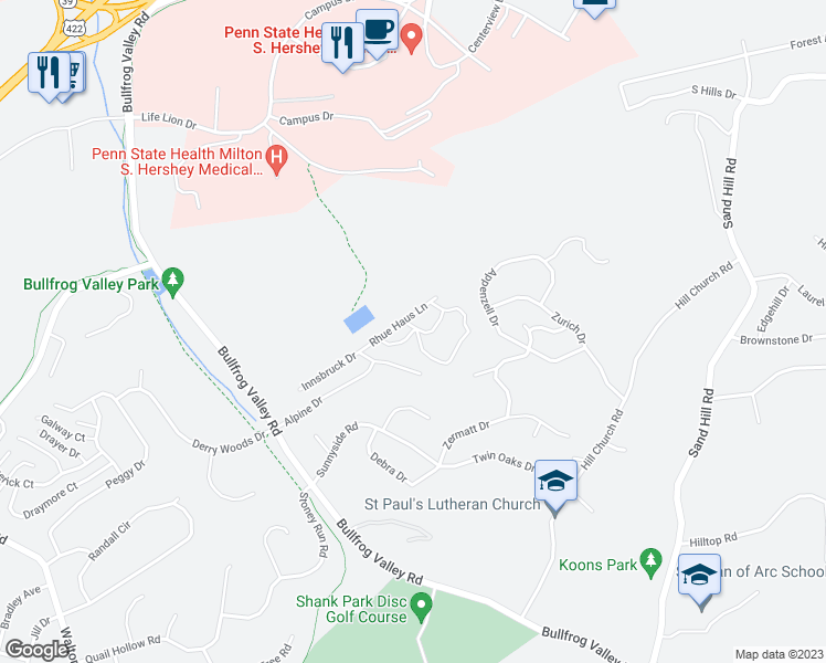 map of restaurants, bars, coffee shops, grocery stores, and more near 108 High Pointe Drive in Hummelstown