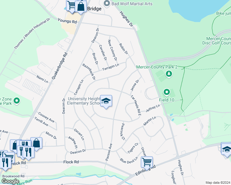 map of restaurants, bars, coffee shops, grocery stores, and more near 54 Tar Heels Road in Hamilton Township