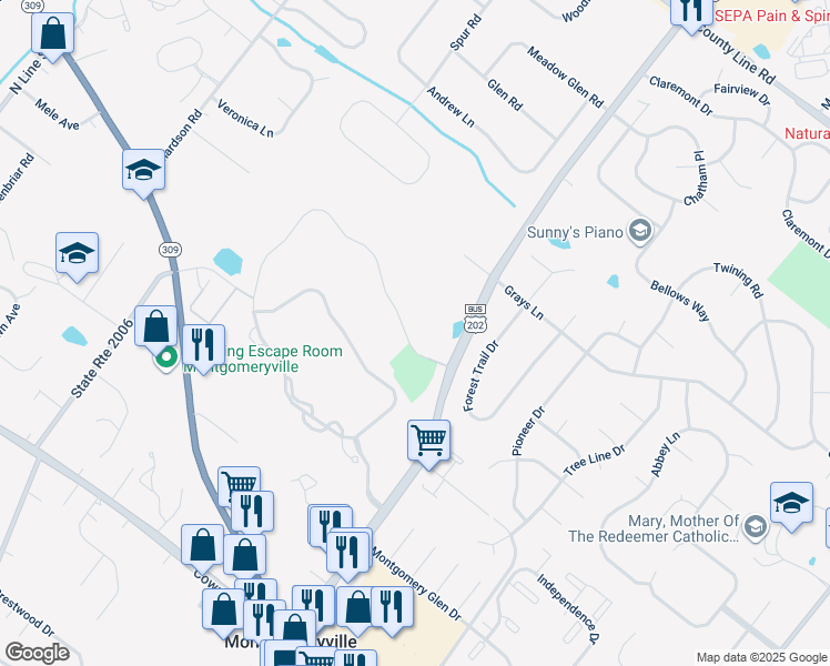 map of restaurants, bars, coffee shops, grocery stores, and more near 102 Country Club Drive in Lansdale