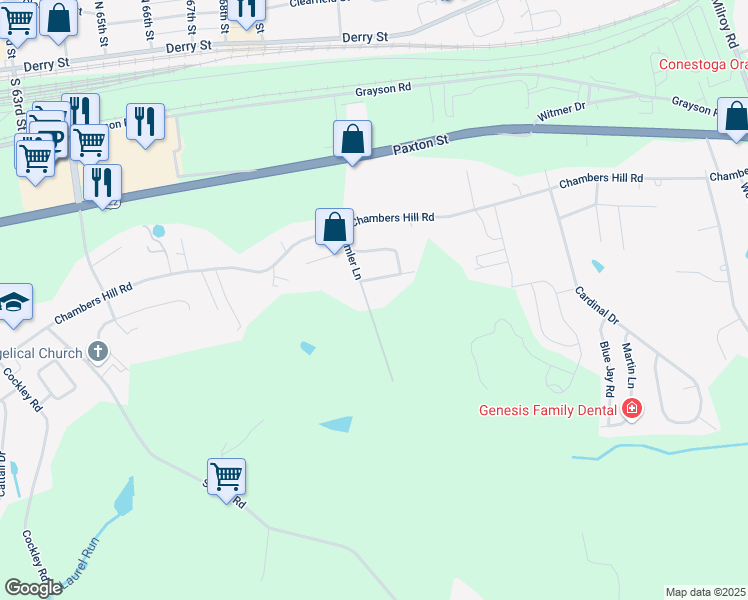 map of restaurants, bars, coffee shops, grocery stores, and more near 600 Deimler Lane in Harrisburg