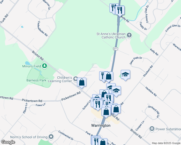 map of restaurants, bars, coffee shops, grocery stores, and more near 2573 Bristol Road in Warrington