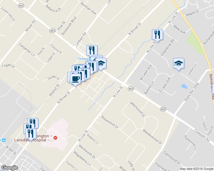 map of restaurants, bars, coffee shops, grocery stores, and more near 99 Brookside Drive in Lansdale