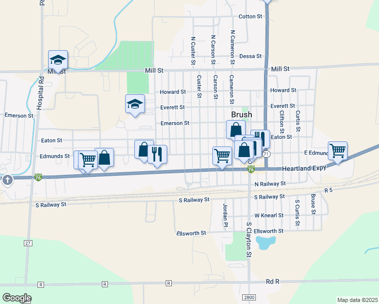 map of restaurants, bars, coffee shops, grocery stores, and more near 318 Turner Street in Brush