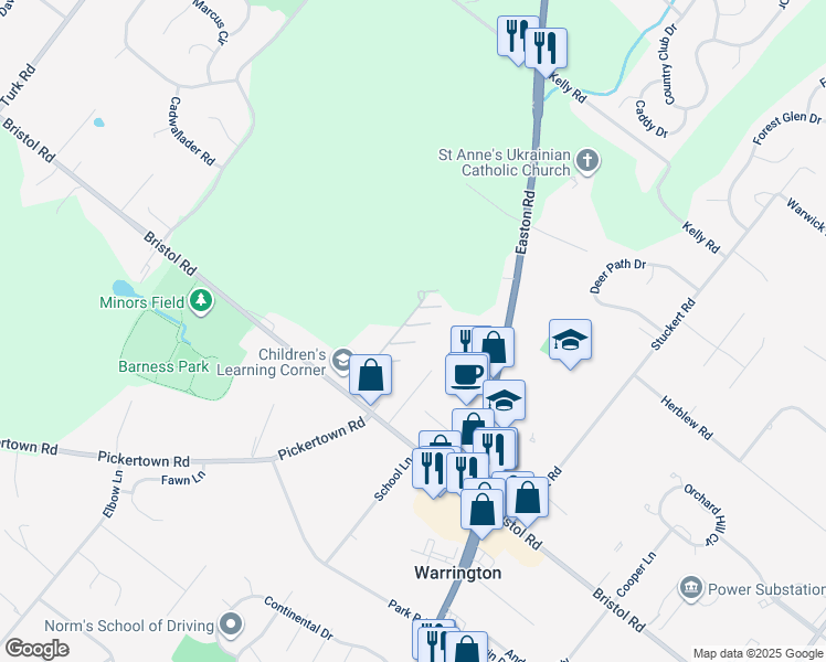 map of restaurants, bars, coffee shops, grocery stores, and more near 100 Evodia Circle in Warrington
