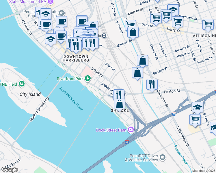 map of restaurants, bars, coffee shops, grocery stores, and more near 321 South River Street in Harrisburg