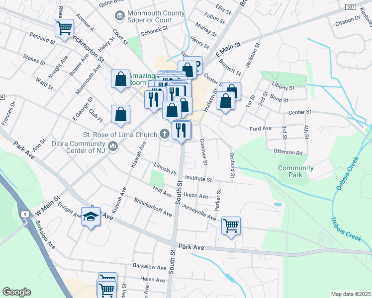 map of restaurants, bars, coffee shops, grocery stores, and more near 71 South Street in Freehold