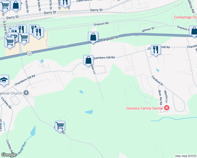 map of restaurants, bars, coffee shops, grocery stores, and more near 600 Deimler Lane in Harrisburg