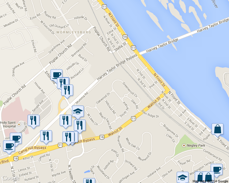 map of restaurants, bars, coffee shops, grocery stores, and more near 59 South Terrace Road in Wormleysburg