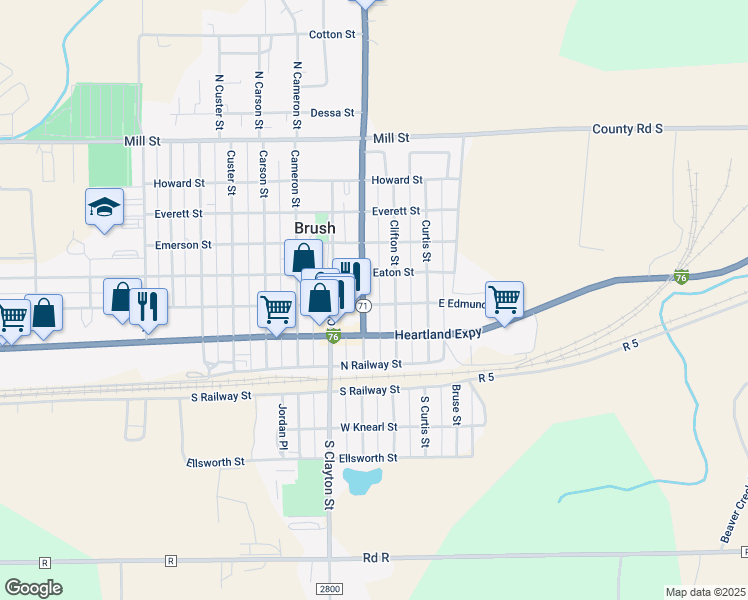 map of restaurants, bars, coffee shops, grocery stores, and more near 313 Colorado Avenue in Brush