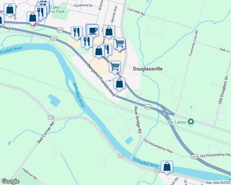 map of restaurants, bars, coffee shops, grocery stores, and more near 16 Old Swede Road in Douglassville