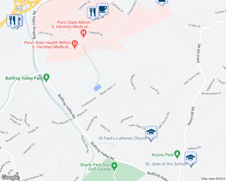 map of restaurants, bars, coffee shops, grocery stores, and more near 102 High Pointe Drive in Hummelstown