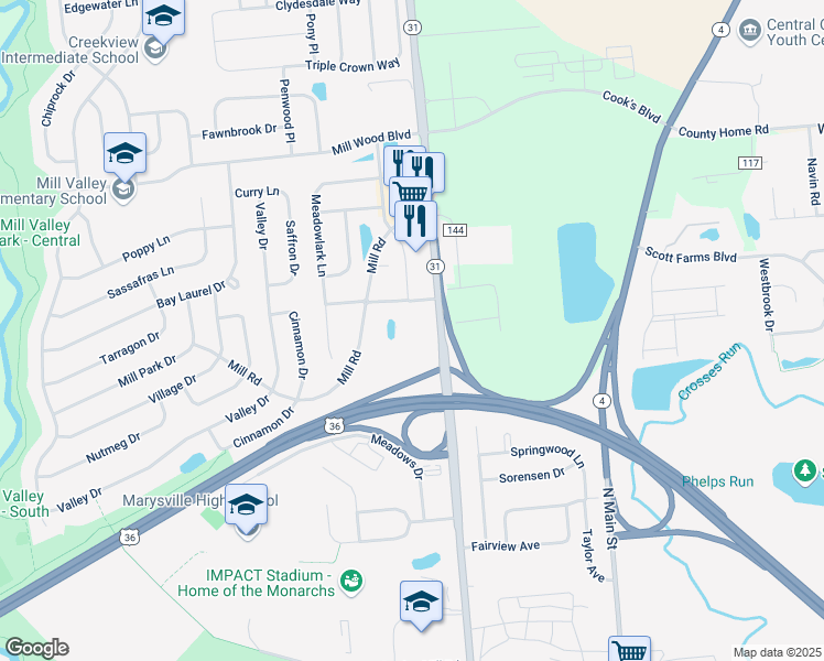 map of restaurants, bars, coffee shops, grocery stores, and more near in Marysville