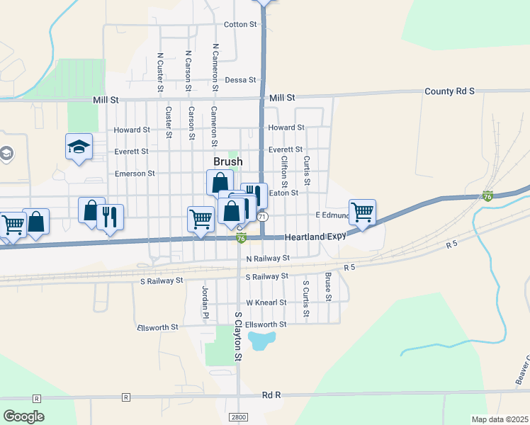 map of restaurants, bars, coffee shops, grocery stores, and more near 313 Colorado Ave in Brush