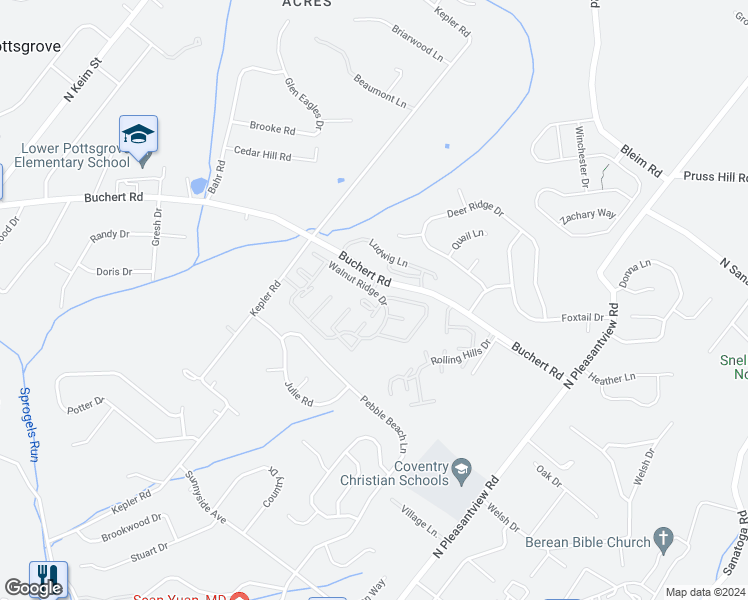 map of restaurants, bars, coffee shops, grocery stores, and more near 2704 Walnut Ridge Drive in Pottstown