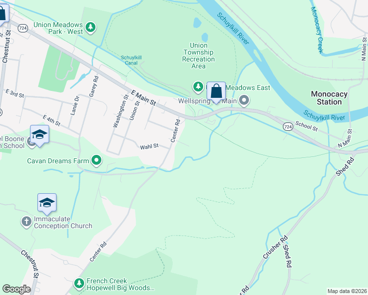 map of restaurants, bars, coffee shops, grocery stores, and more near 21 Center Rd in Douglassville