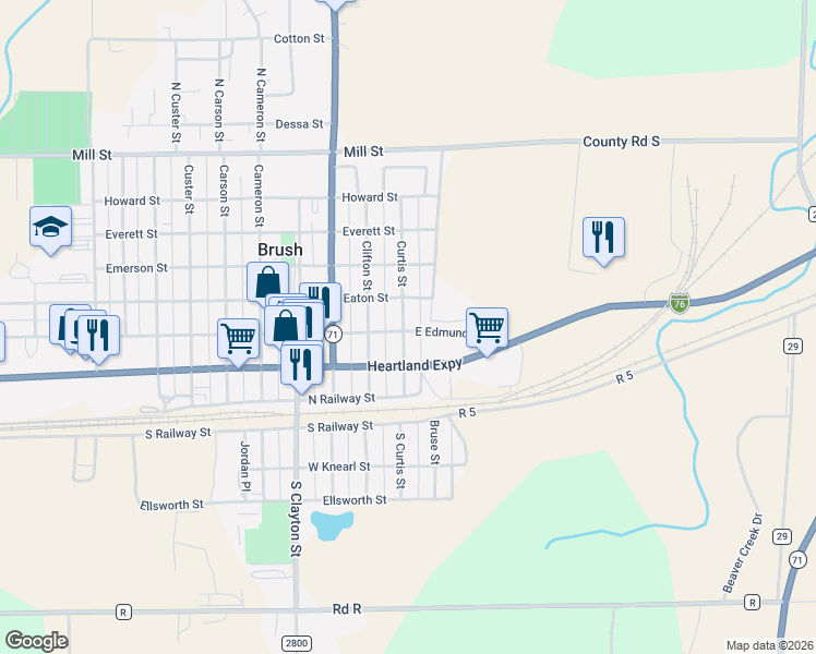 map of restaurants, bars, coffee shops, grocery stores, and more near 317 Curtis Street in Brush