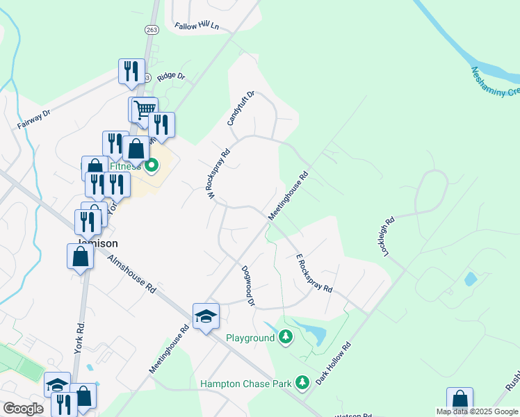 map of restaurants, bars, coffee shops, grocery stores, and more near 1427 West Rockspray Road in Jamison