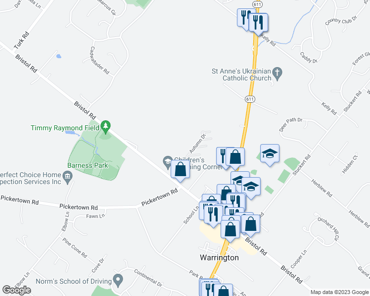 map of restaurants, bars, coffee shops, grocery stores, and more near 2573 Bristol Road in Warrington