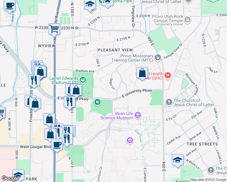 map of restaurants, bars, coffee shops, grocery stores, and more near 1737 Sego Lane in Provo