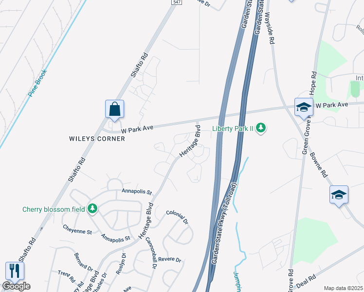 map of restaurants, bars, coffee shops, grocery stores, and more near 86 Madison Court in Tinton Falls