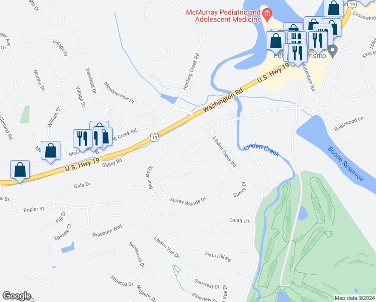 map of restaurants, bars, coffee shops, grocery stores, and more near 200 Tandem Village Road in Canonsburg