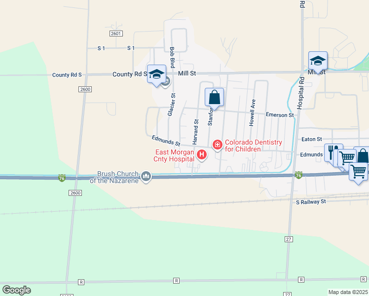 map of restaurants, bars, coffee shops, grocery stores, and more near 304 Applewood Street in Brush