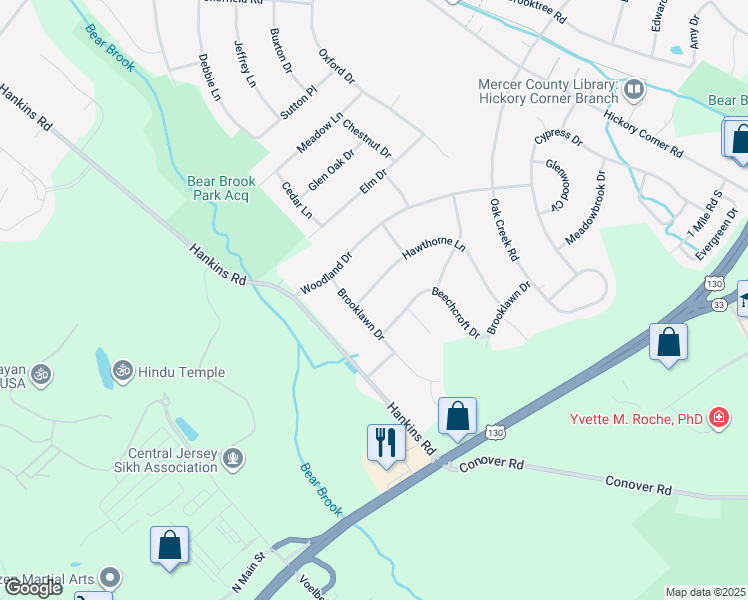map of restaurants, bars, coffee shops, grocery stores, and more near 43 Hawthorne Lane in East Windsor