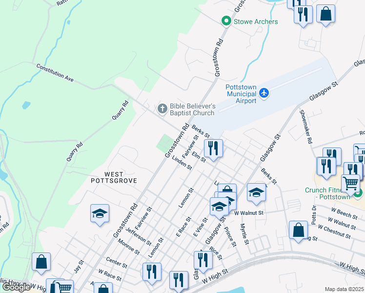 map of restaurants, bars, coffee shops, grocery stores, and more near 823 Fairview Street in Stowe