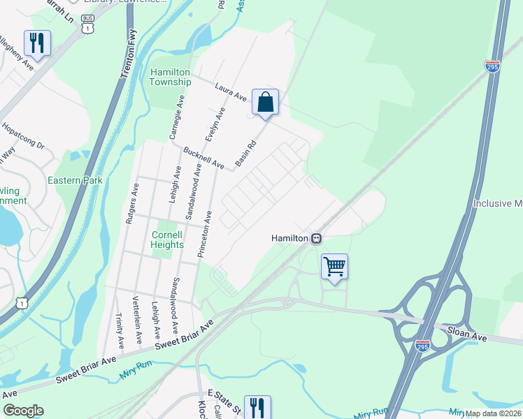 map of restaurants, bars, coffee shops, grocery stores, and more near 2 Tacoma Lane in Trenton