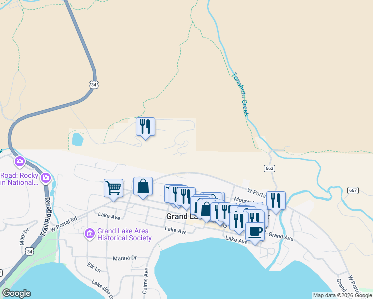 map of restaurants, bars, coffee shops, grocery stores, and more near 10-87 Farview Ln in Grand Lake