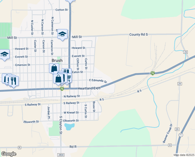 map of restaurants, bars, coffee shops, grocery stores, and more near 303 East Edmunds Street in Brush