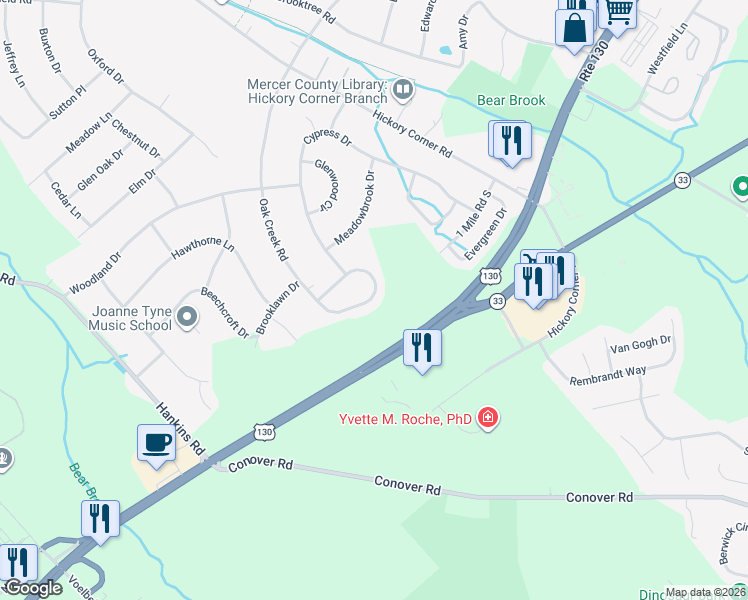 map of restaurants, bars, coffee shops, grocery stores, and more near 215 Oak Creek Circle in East Windsor