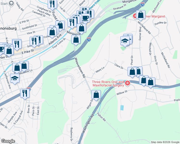 map of restaurants, bars, coffee shops, grocery stores, and more near 1000 Highland Drive in Canonsburg