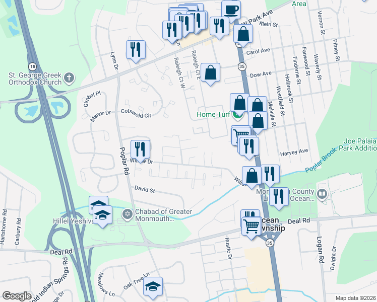 map of restaurants, bars, coffee shops, grocery stores, and more near 33 Willow Drive in Ocean Township
