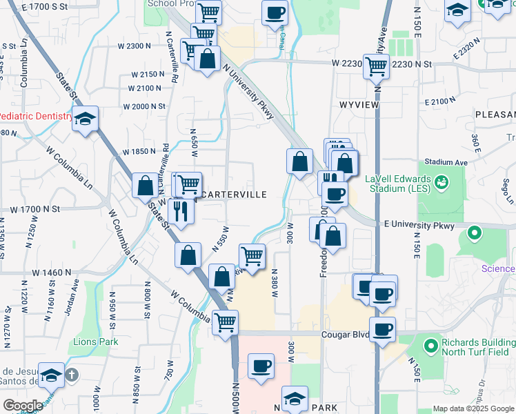 map of restaurants, bars, coffee shops, grocery stores, and more near 449 West 1720 North in Provo