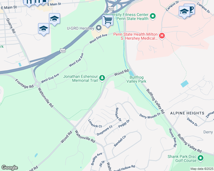 map of restaurants, bars, coffee shops, grocery stores, and more near 1220 Wood Road in Hummelstown