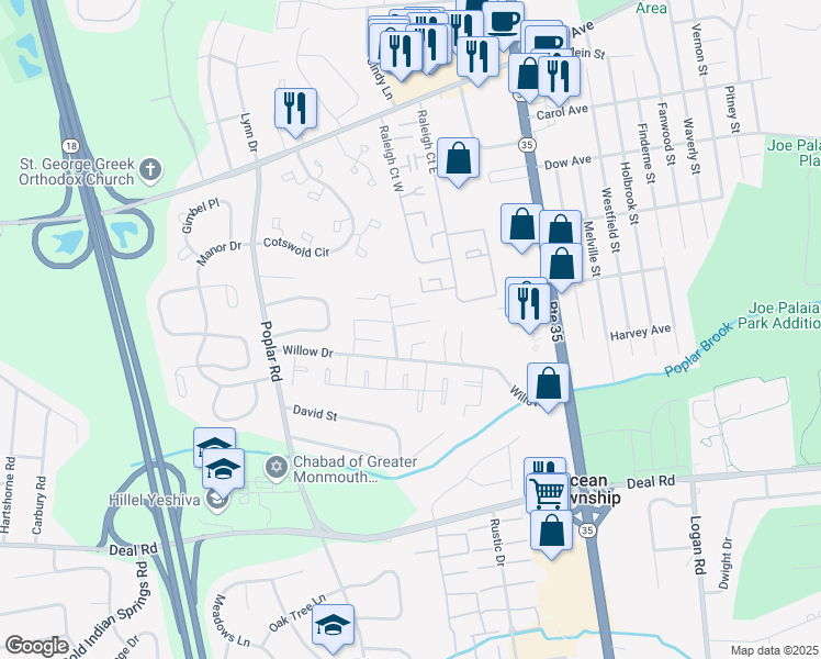 map of restaurants, bars, coffee shops, grocery stores, and more near 33 Willow Drive in Monmouth County