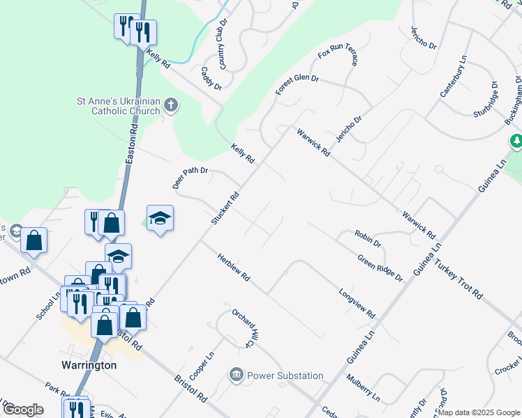 map of restaurants, bars, coffee shops, grocery stores, and more near 1554 East Cobblestone Circle in Warrington