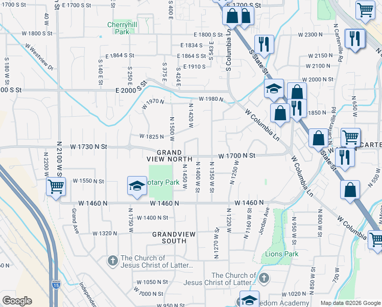 map of restaurants, bars, coffee shops, grocery stores, and more near 1420 West 1700 North Street in Provo