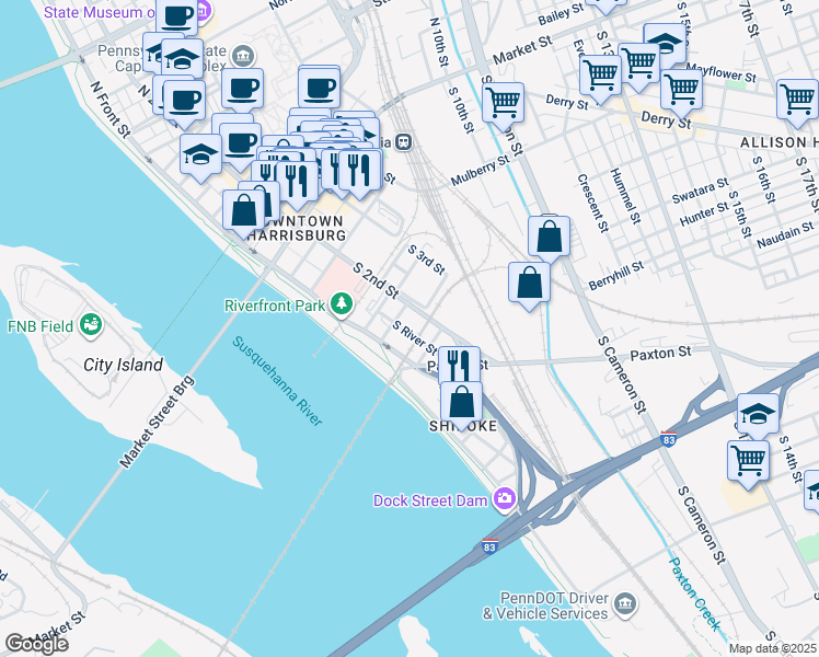 map of restaurants, bars, coffee shops, grocery stores, and more near 321 South River Street in Harrisburg