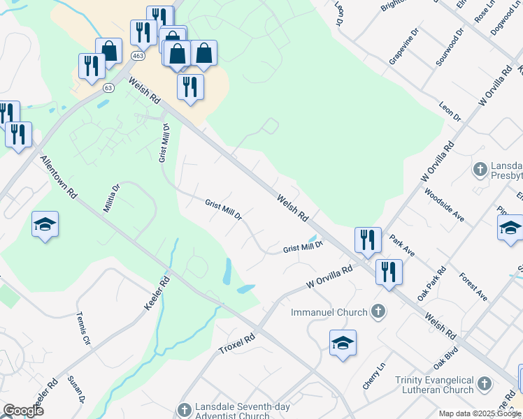 map of restaurants, bars, coffee shops, grocery stores, and more near 475 Painter Way in Lansdale