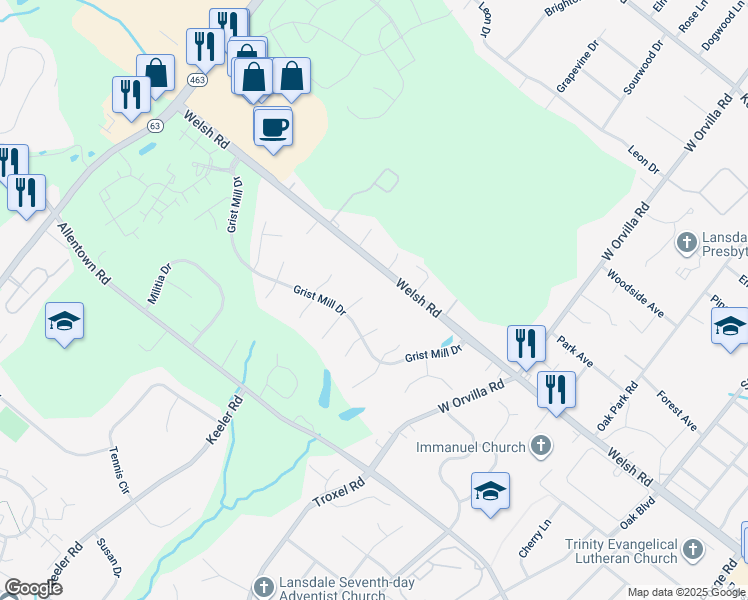 map of restaurants, bars, coffee shops, grocery stores, and more near 475 Painter Way in Lansdale
