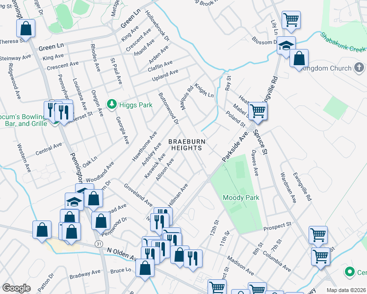 map of restaurants, bars, coffee shops, grocery stores, and more near 133 Keswick Avenue in Ewing Township