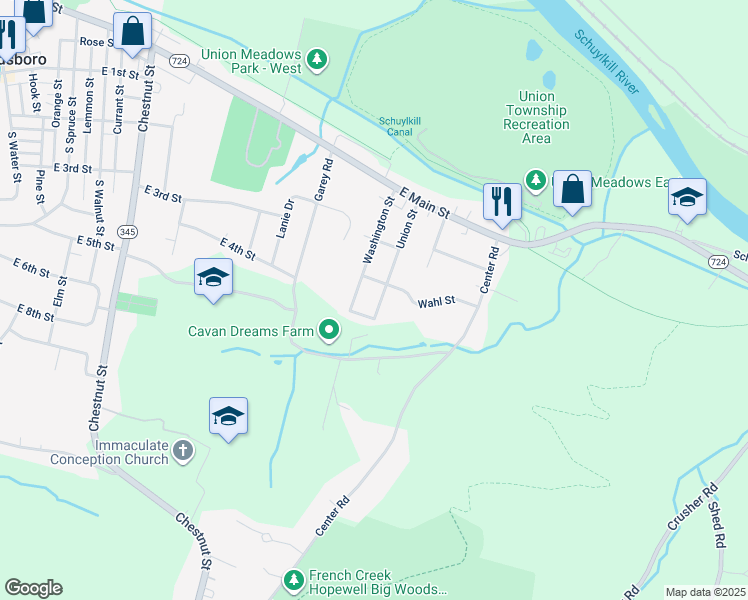 map of restaurants, bars, coffee shops, grocery stores, and more near 214 Union Street in Douglassville