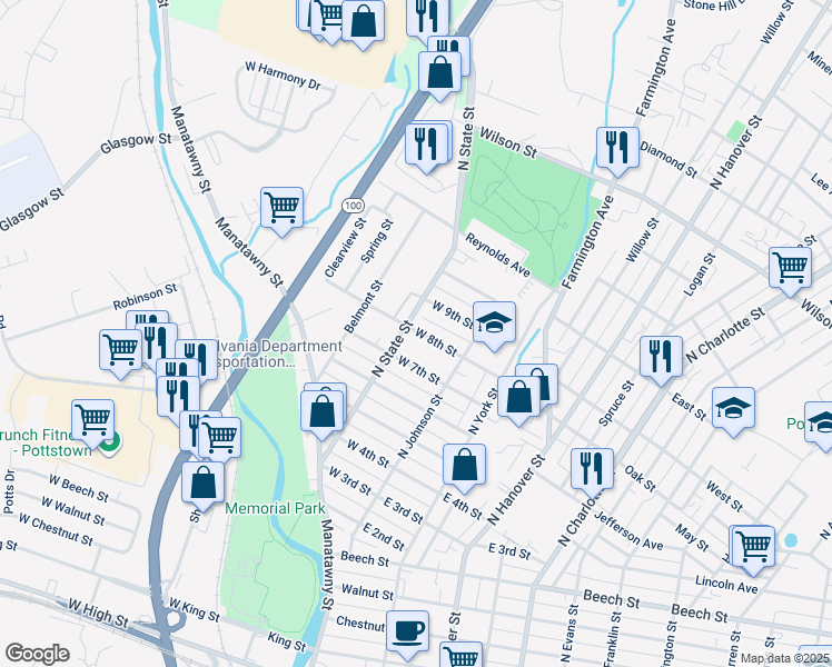 map of restaurants, bars, coffee shops, grocery stores, and more near 448 North State Street in Pottstown