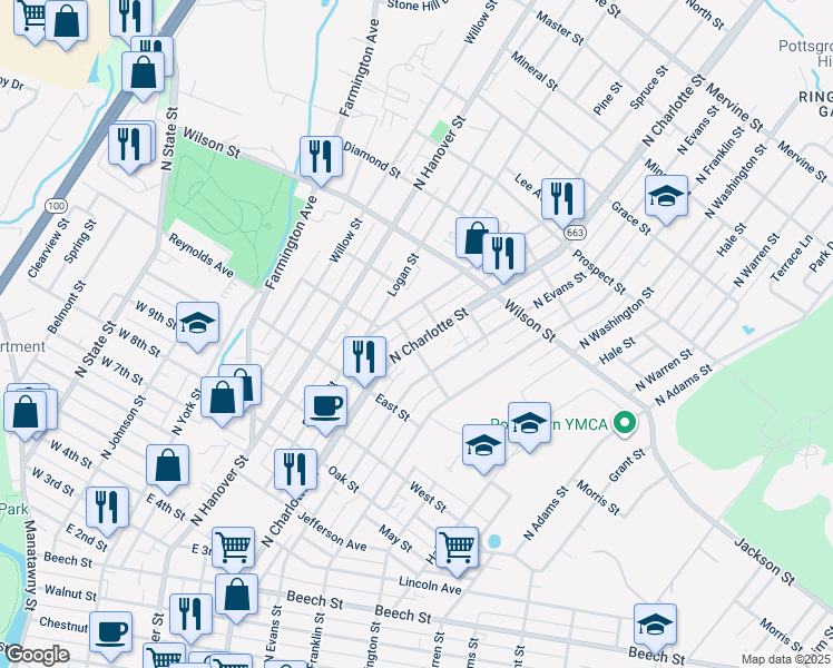 map of restaurants, bars, coffee shops, grocery stores, and more near 709 North Charlotte Street in Pottstown
