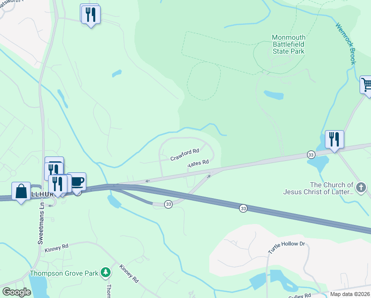 map of restaurants, bars, coffee shops, grocery stores, and more near 20 Yates Road in Manalapan Township