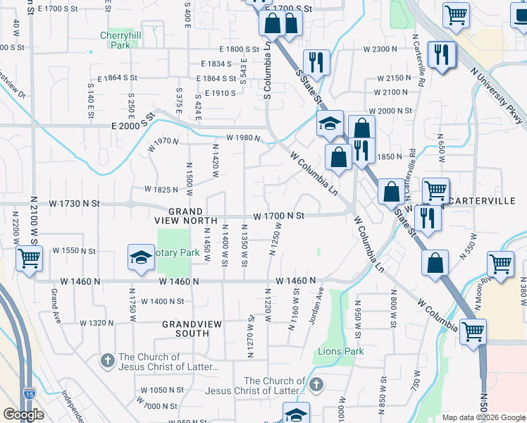 map of restaurants, bars, coffee shops, grocery stores, and more near 1747 Cobblestone Drive in Provo